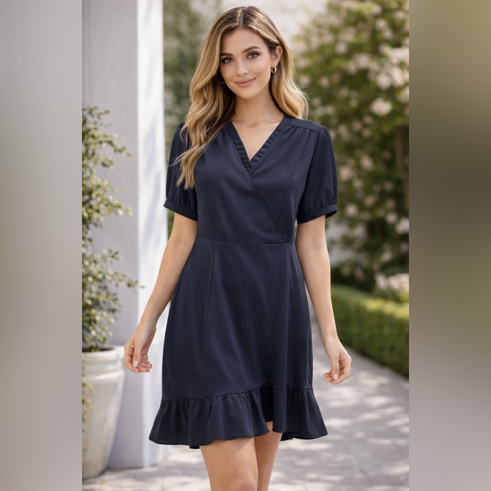 Sharagano Navy Wrap-Style Midi Dress